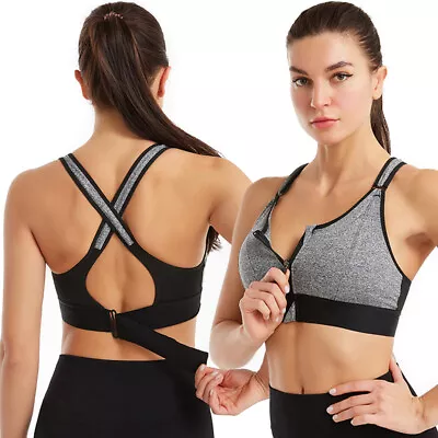 Womens High Impact Wirefree Zip Front Cross Back Support Workout Sports Yoga Bra • £13.99