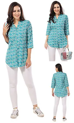Kurtis Women Blue  Floral Crepe Indian Top Kurti Tunic Kurta Shirt Dress SC2734 • £13.98