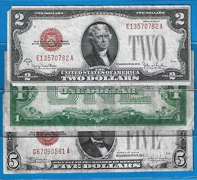 1928G/28B/28E $2 USN$1 SC FB$5 USN 3) NotesRed/Blue SealCirc VG/FNice! • $15.50