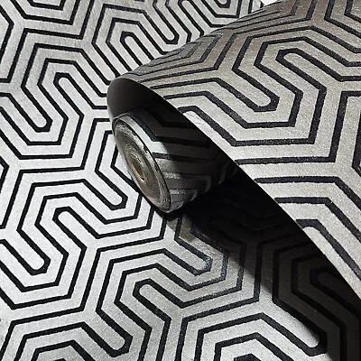 Navy Blue Foil Silver Metallic Flocking Geo Velvet Labyrinth Flocked Wallpaper • $4.07