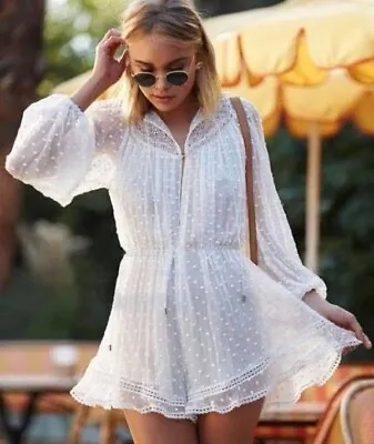 ZIMMERMANN Belle Web Dot Silk Playsuit White Lace Boho Hens Party Event Size 0 • $229