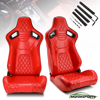 Universal Pair Reclinable Red PVC Leather Sport Racing Seats W/Slider Left/Right • $316.98