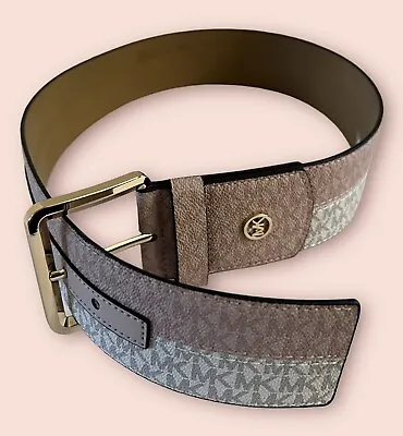 $78 New MICHAEL KORS  MK LOGO Pink & Vanilla Belt Gold Buckle Size Medium • $39