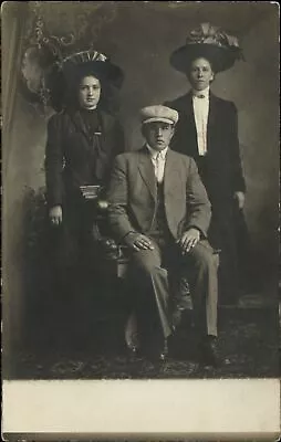 RPPC High End Edwardian Fashion Hat Suit Man Women AZO Studio Real Photo 1904-18 • $5.34