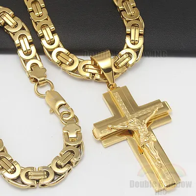 P4 24 Men Stainless Steel Gold Silver Black Jesus Cross Pendant Chain Necklace • $20.99