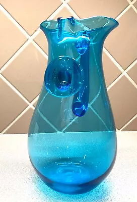 The QUESTERS 1996 Wheaton Village BLUE Free Hand Blown Pitcher Millville NJ 9”H • $35