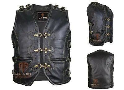 Men's Genuine Leather Vest Heavy Zipper Rocker Biker Waistcoat Motorcycle Cafe • $129.99