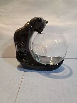 Vintage Haeger Pottery Black Cat Sculpture With Original Fish Bowl 8  • $105