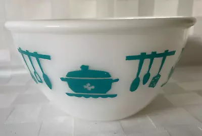 Vintage Milk Glass White Hazel Atlas Turquoise Utensil Cookware 5.75 Mixing Bowl • $17.49