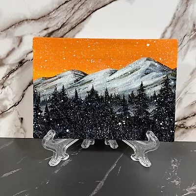ACEO Original Mountain Snow Landscape Acrylic Painting 2.5” X 2.5 Easel Included • $20