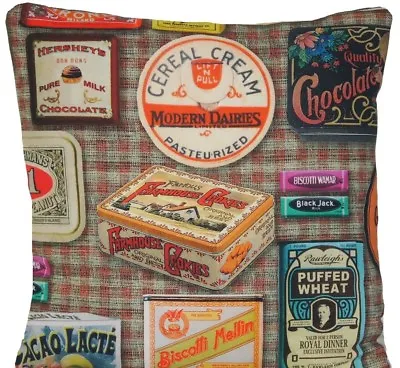 Vintage Tins Cushion Cover Printed Old Biscuit Kitchen Fabric 16x16” CLEARANCE • £9.99