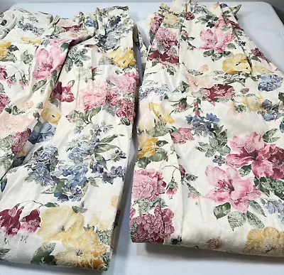 Vintage Burlington Pinch Pleat Curtain Panel Drapes Pair Set Cream Red Flowers • $56