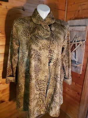 Vintage Women's Faux Fur Swing Coat Size S M Cheetah Print Jacket Monica Turtle • $42