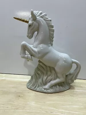 Vintage Porcelain Ceramic Unicorn Figurine White Glossly Gold Horn 7” • $24.99