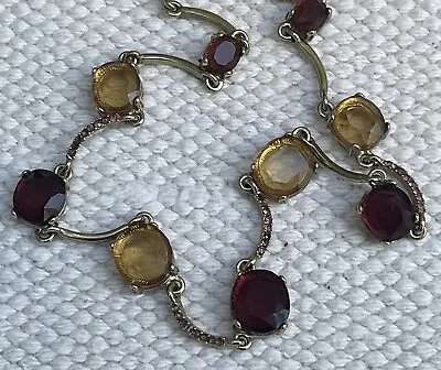 Vintage Necklace Honey Lucite Faux Garnet Rhinestones Scallop Jewelry TLC • $12