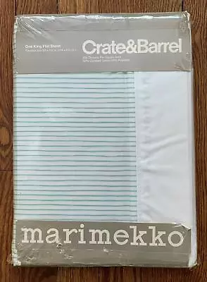 Vintage 1989 Marimekko Crate & Barrel King Flat Sheet Maja Stripe Turquoise • $39.99