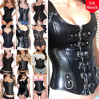 Sexy Ladies Black Boned Corset Tops Punk Basque Burlesque Lingerie Plus US Size • $23.64