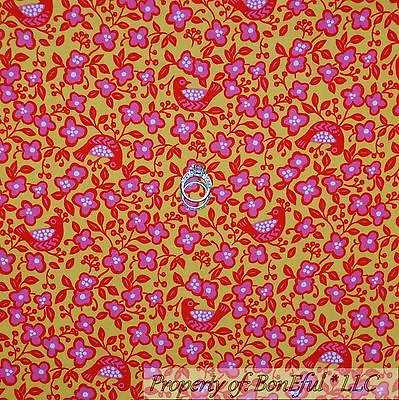 BonEful Fabric Cotton Quilt Yellow Pink Red Bird Flower Polka Dot Leaf SCRAP • $0.49