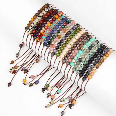 6mm Natural Gemstone Matte Smooth Bead Stone Bracelet Braided Rope Adjustable  • $1.99