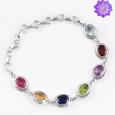 Multi Color Gemstone Chain Bracelet 925 Silver Bracelet Handmade Jewelry 7  • $13.79