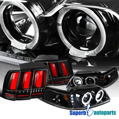 Fits 99-04 Mustang Polished Black LED Halo Projector Headlights+Sequential Tail • $287.81