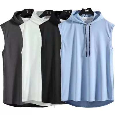 Men Gym Sleeveless Hoodie Vest T-Shirt Tank Top Fitness Sports Muscle Hooded UK • £6.48