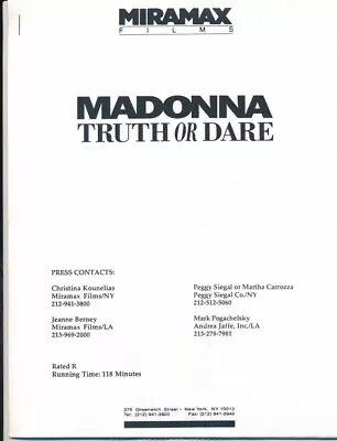 Madonna - Truth Or Dare (1990) - Original Movie Press Kit W/Photos & Notes • $19