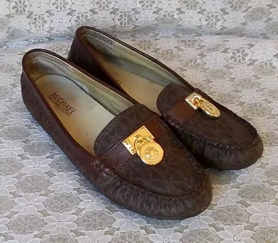 MICHAEL KORS LOAFERS Brown Hamilton Mk Logo Gold MK Lock Logo Women's 7 • $25.50