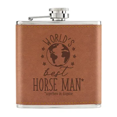 World's Best Horse Man 6oz PU Leather Hip Flask Tan Funny Joke Favourite Animal • £12.99