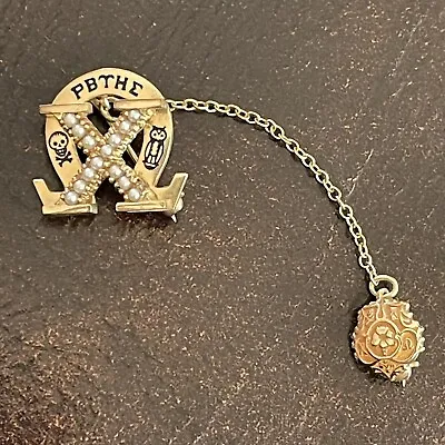 $560 • Buy Vintage 1979 10K Gold And Pearls Chi Omega Double Pin With  Chain
