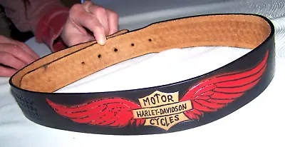 Harley-Davidson Cycles Red Black Embossed Wing Tooled Leather Belt Size 30 -- 34 • $34.99