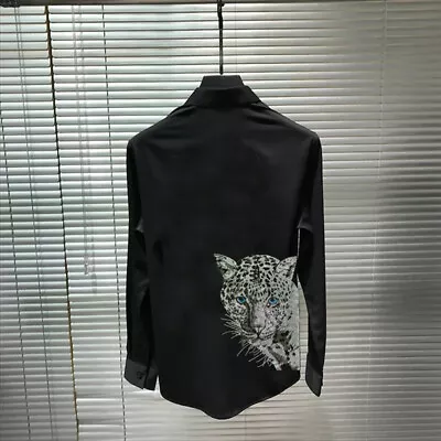 New Men Fashion Leopard Rhinestones Hot Diamond Long Sleeve Lapel Button T-Shirt • $35.80