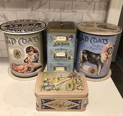 Reproduction J&P Coats Sewing Tins Notion Boxes Lot Of 4 Clean And Unused • £27.99
