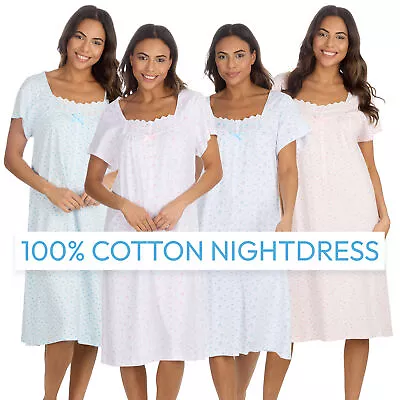 Ladies Nightdress 100% Cotton Nightie PJs Nightshirt Tee 10 12 14 16 18 20 22 24 • £12.99