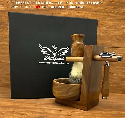 Brown 4 Piece Shaving Set | DE Safety Razor & Badger  Brush | Men's Gift Kit • $49.34