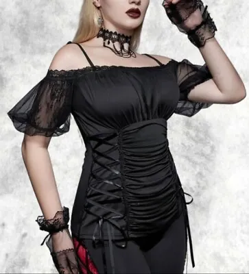 New Black Gothic Corset Side Puff Sleeve Vest Camisole Top Size 2XL 20 22 24 • £34.99