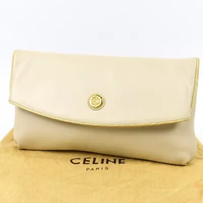 Celine Second Bag Carriage Metal Vintage Clutch Leather Ivory Ladies Used Extrem • $185.83