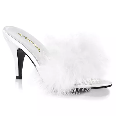 PLEASER 3  Heel White Marabou Feather Satin Slides Slippers Shoes AMO03/WPU • $40.95