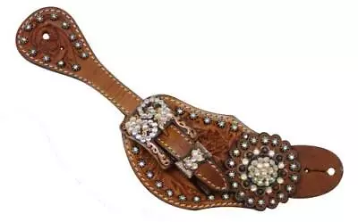 Showman Ladies Tooled Leather Spur Straps W/ Vintage Style Buckles & Rhinestone • $34.95