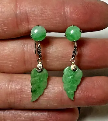 Vintage Carved Green Apple Jadeite Jade Dangle Leaf 14K Gold Earrings CO18 • $349.99