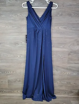 Ever Pretty Women’s Dress Size Large 8 Blue Sleeveless Maxi Slit Glitter Deep V • £25.71