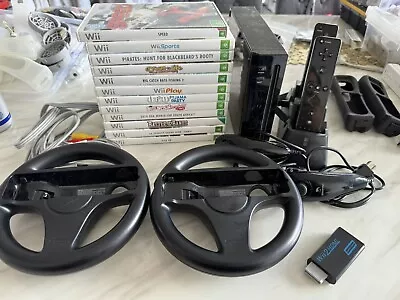 Nintendo Wii Console Black W 2 Remote 12 Games Wii Wheels Hdmi Adapter • $170