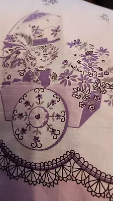 Vtg. Border Print Fabric Kitty Cat Lavender Purple Floral Cotton Fabric 36 X 85 • $29.99