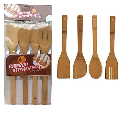 £3.49 • Buy 4 X Piece Bamboo Wooden Kitchen Cooking Utensils Set Tools Spatula Spoon Turner 