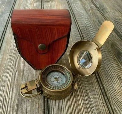 Vintage Polished Brass WWII Military Pocket Compass  With Leather Box Gift Item • $38.27