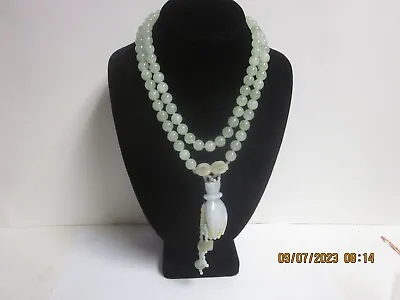 $79 • Buy Vintage Chinese Celadon Green Jade Sterling Silver Carved HAND Pendant NECKLACE