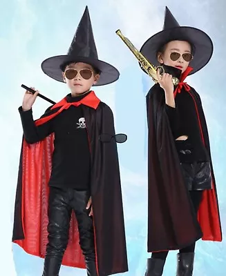 Boy Girl Kids Halloween Witches Vampire Black Red Costume Gown Cloak Cape Hat • $16.19