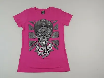 Metal Mulisha Pink Biker Skull Tattoo Art Short Sleeve T Shirt Womens Medium*** • $20.99