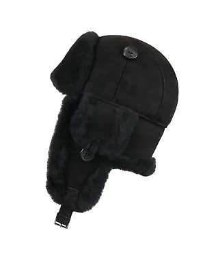 Unisex Trapper Leather Aviator Genuine Shearling Sheepskin Hat-Black • $59.99