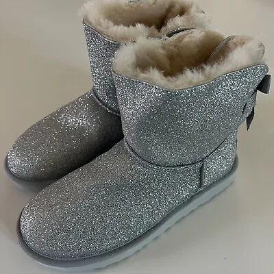 UGG Mini Bailey Bow Silver Sparkle Glitter Boots Women's Size 6 New • $135